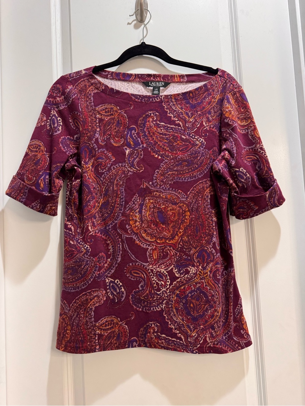 LAUREN RALPH LAUREN BLACK LABEL Half Sleeve Tee Large Burgundy Paisley